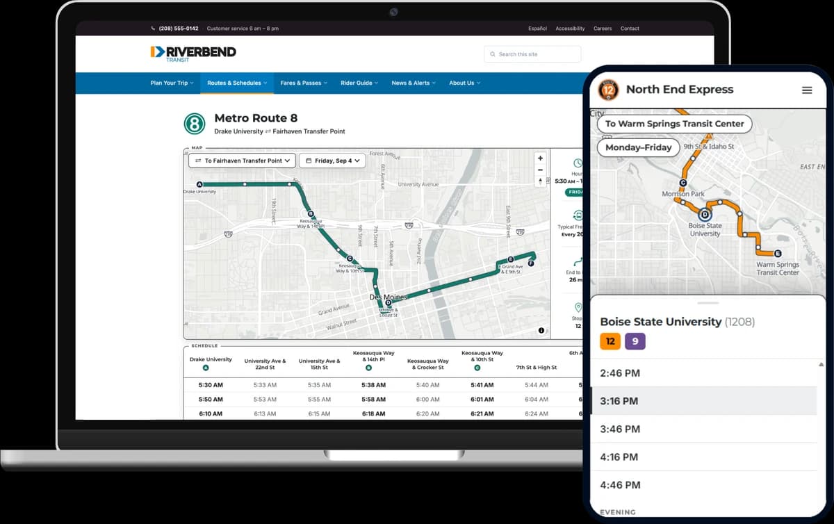 A laptop and a phone side by side. The laptop shows a RoutePress route page for Metro Route 8 embedded in a transit agency's own website, below its masthead and navigation: the line drawn on a map with lettered stops and the timetable beginning underneath. The phone shows a route page for route 12 with a stop card of upcoming departures.