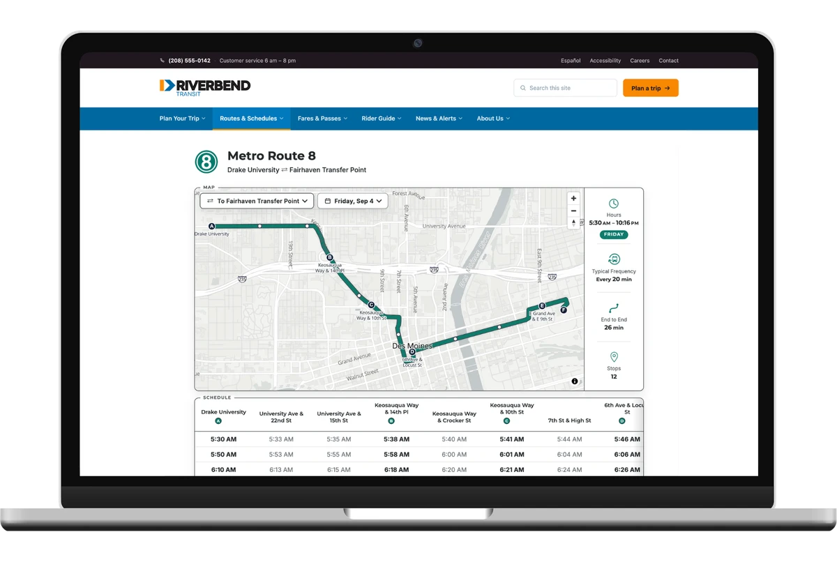 A laptop showing a RoutePress route page for Metro Route 8 inside a transit agency's own website, below the agency's masthead and blue navigation bar: the route drawn on a map with lettered stops, a Route details panel of at-a-glance service facts, and the timetable beginning underneath.