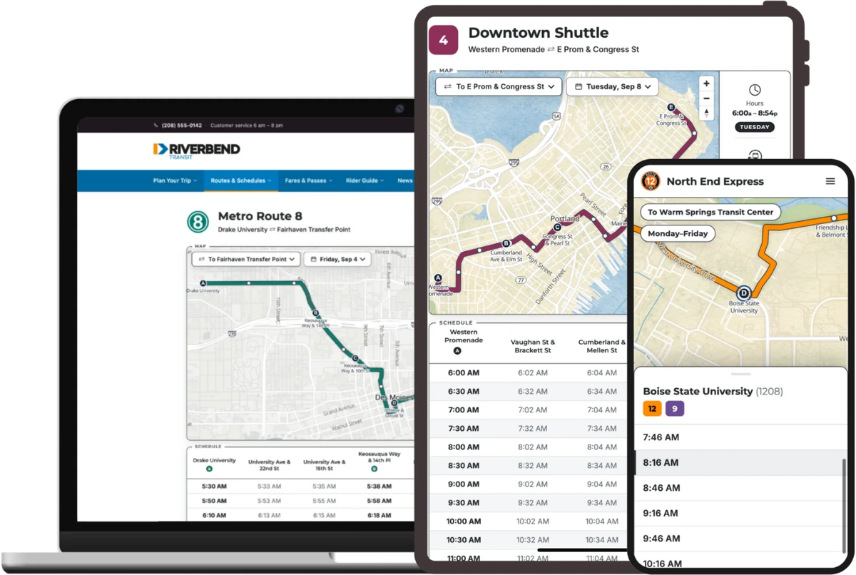 A laptop, a tablet and a phone side by side. The laptop shows a transit agency's own website with a RoutePress route page for Metro Route 8 — the line drawn on a map with lettered stops, and a timetable below it. The tablet shows route 4, the Downtown Shuttle, with its map, direction and date pickers, an hours tile, and departure times. The phone shows route 12, the North End Express, with a stop card of upcoming departures.
