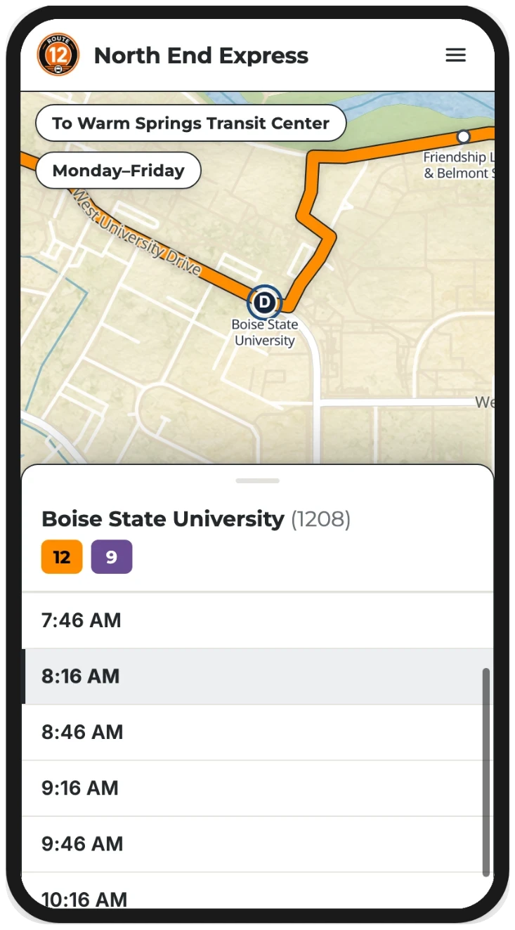 Beside a photo of two people checking a phone at a city bus stop, a phone shows route 12, the North End Express: its orange line on a map with the Boise State University stop selected, and that stop's upcoming departure times listed below.