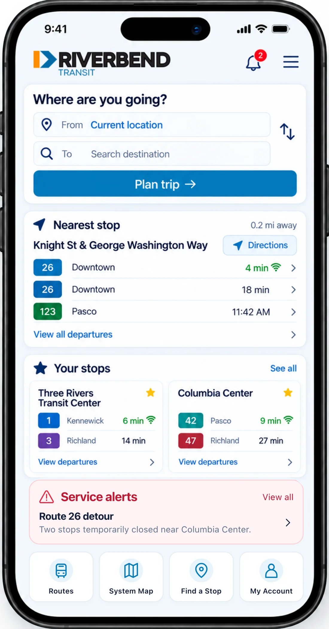 A Riverbend Transit rider app on a phone: a trip planner asking where you are going, the nearest stop with live departures, saved stops, and a service alert about a route 26 detour.