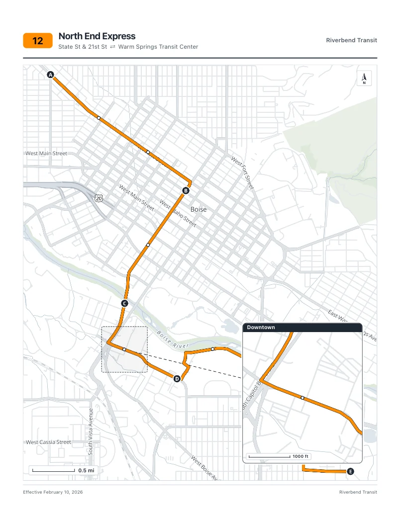 A printed route map for Riverbend Transit route 12, the North End Express: the route in orange with lettered stops, and a Downtown inset showing a closer view.